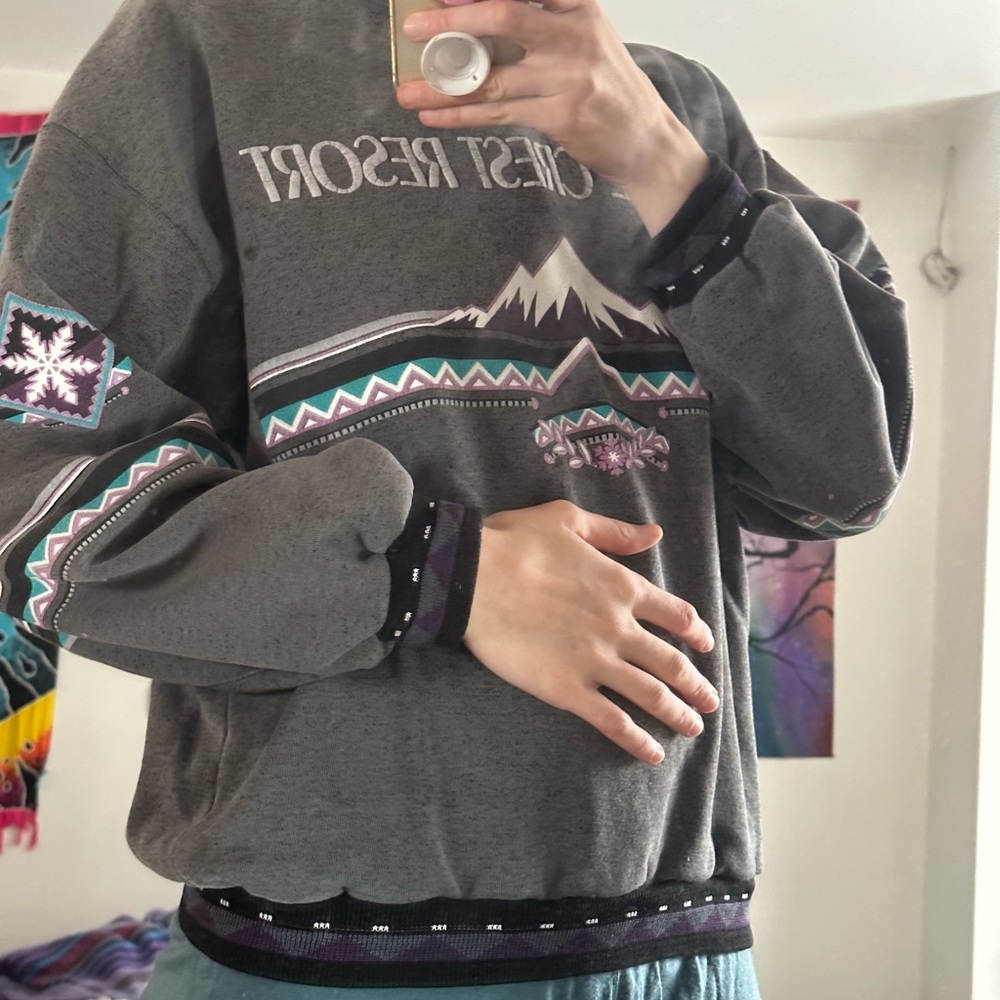Vintage Ski Sweater Cotton Screenprint Mountain Snowflake Turtleneck Zip Up 80s